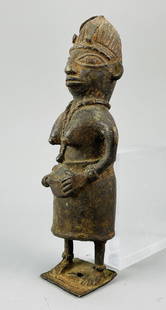 Edo Tribal Bronze Sculpture Mother African Figurine Benin Nigeria: Late 19th to first quarter 20thC. Much surface oxidation, however no apparent breaks or repairs. This item was used, and will show multiple areas of age appropriate wear and surface losses. Please vie