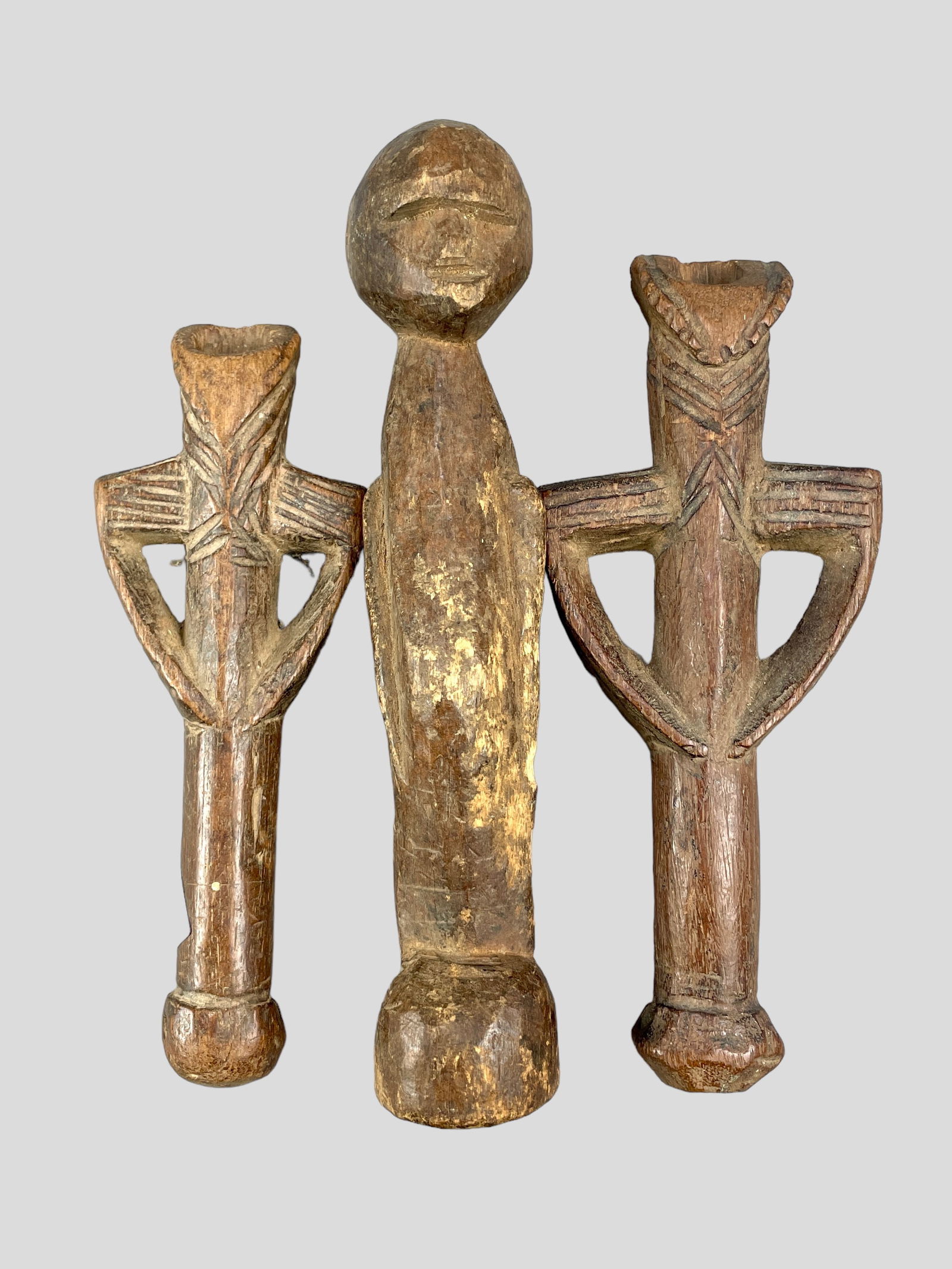 Three African Tribal Carved Wood Pcs includes Two Mossi Flutes and One Lobi Figurine (1 of 5)
