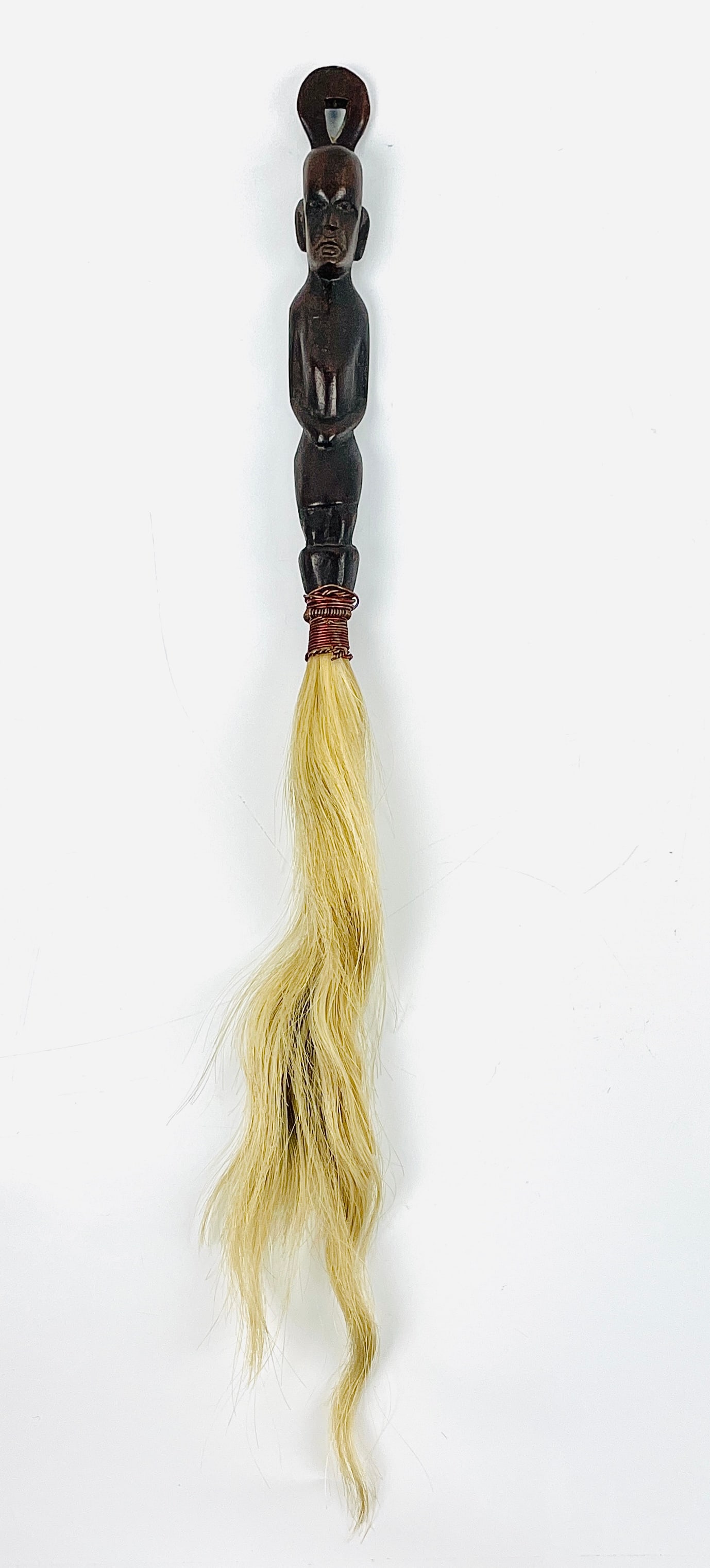 Yoruba Tribal Carved Wood and Hair African Fly Wisk: Ca. last quarter 20thC. Very good with no breaks or repairs. The hair may be horse or bovine. Possibly goat hair. This item(s) is used, and will show multiple areas of age appropriate wear and surface