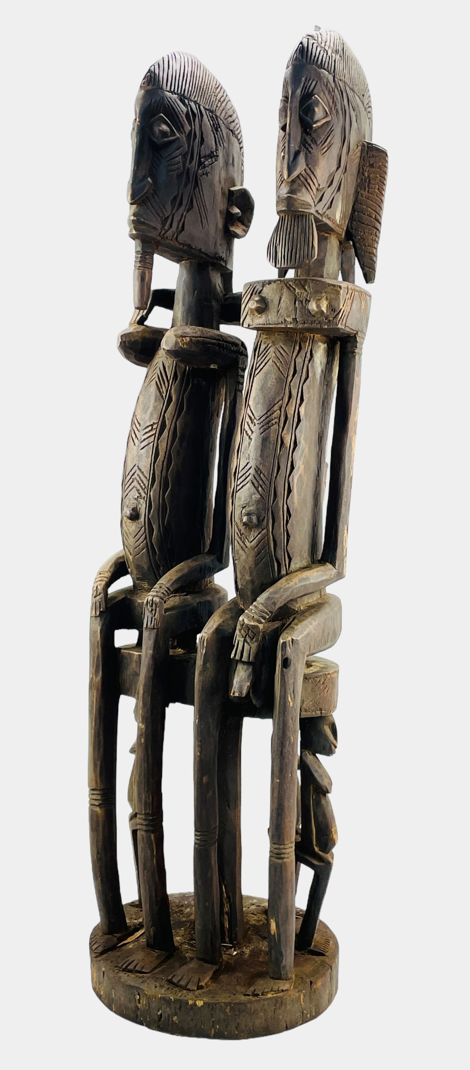 Dogon Carved Wood Tribal Ancestor Statue Married Couple on African Prestige Stool (1 of 9)