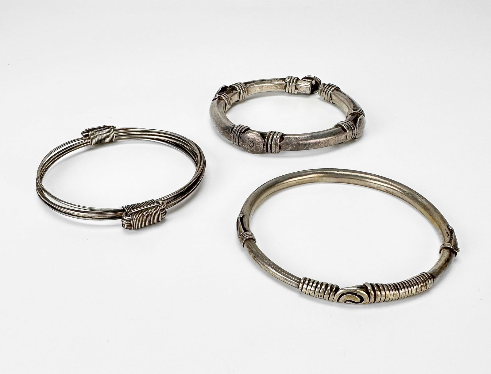 Two Antique Silver Alloy Cuff Bracelets from India plus One Silverplate Wire Bracelet (1 of 5)