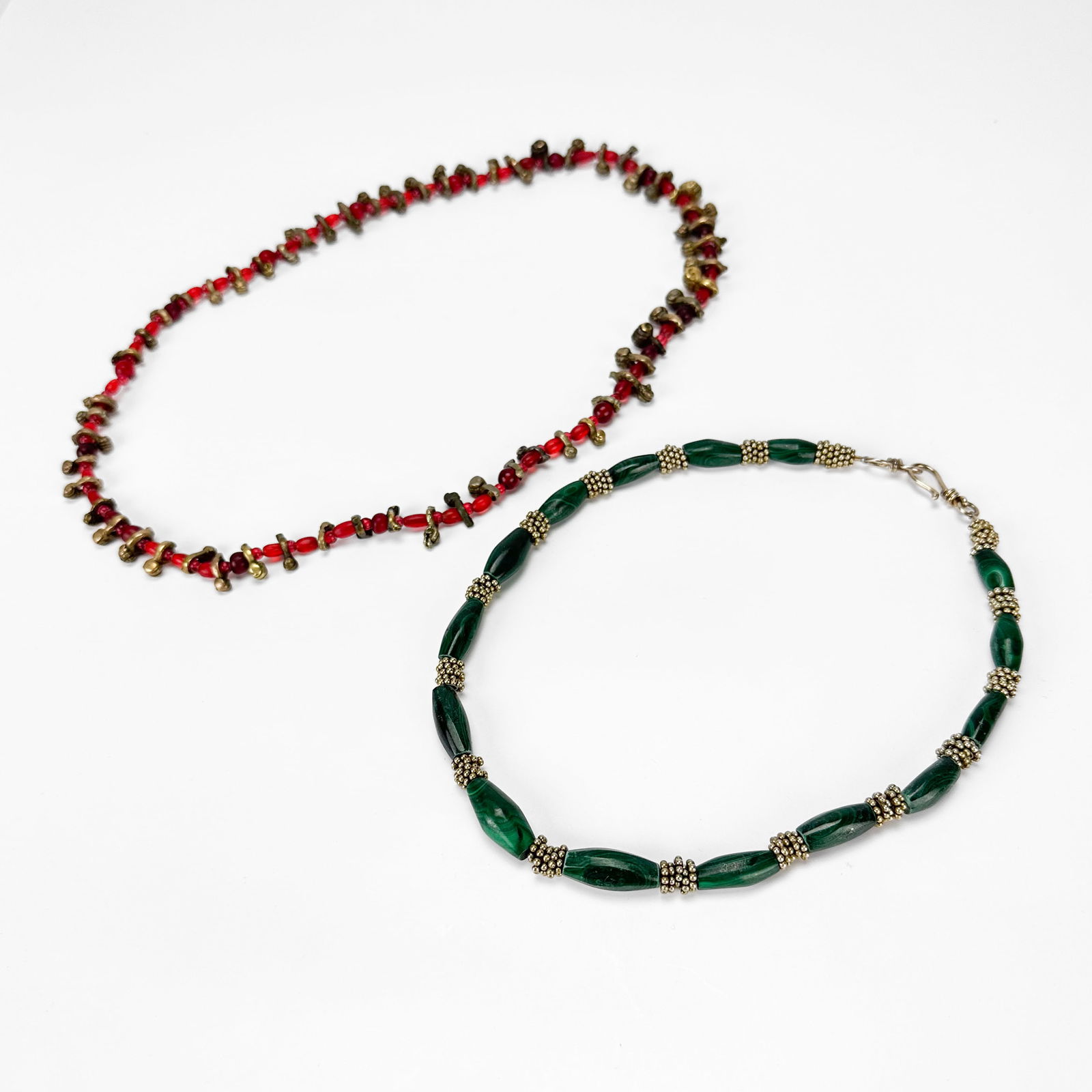 Beaded Necklace Pair from India- Silver and Malachite/Brass and Red Glass (1 of 6)