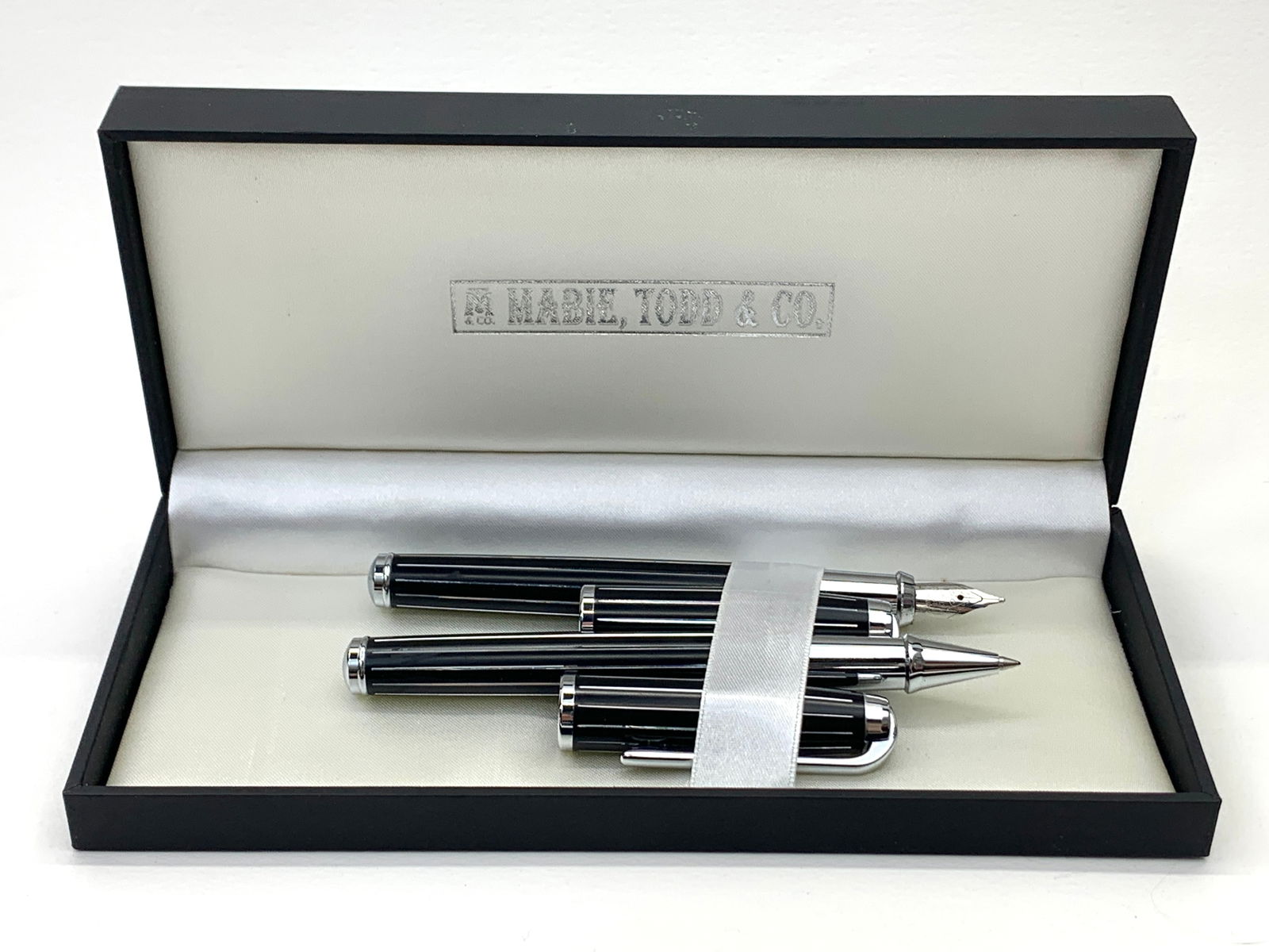 Mabie Todd Black and Silver Stripes Fountain and Ballpoint Pen Set w/Box (1 of 7)