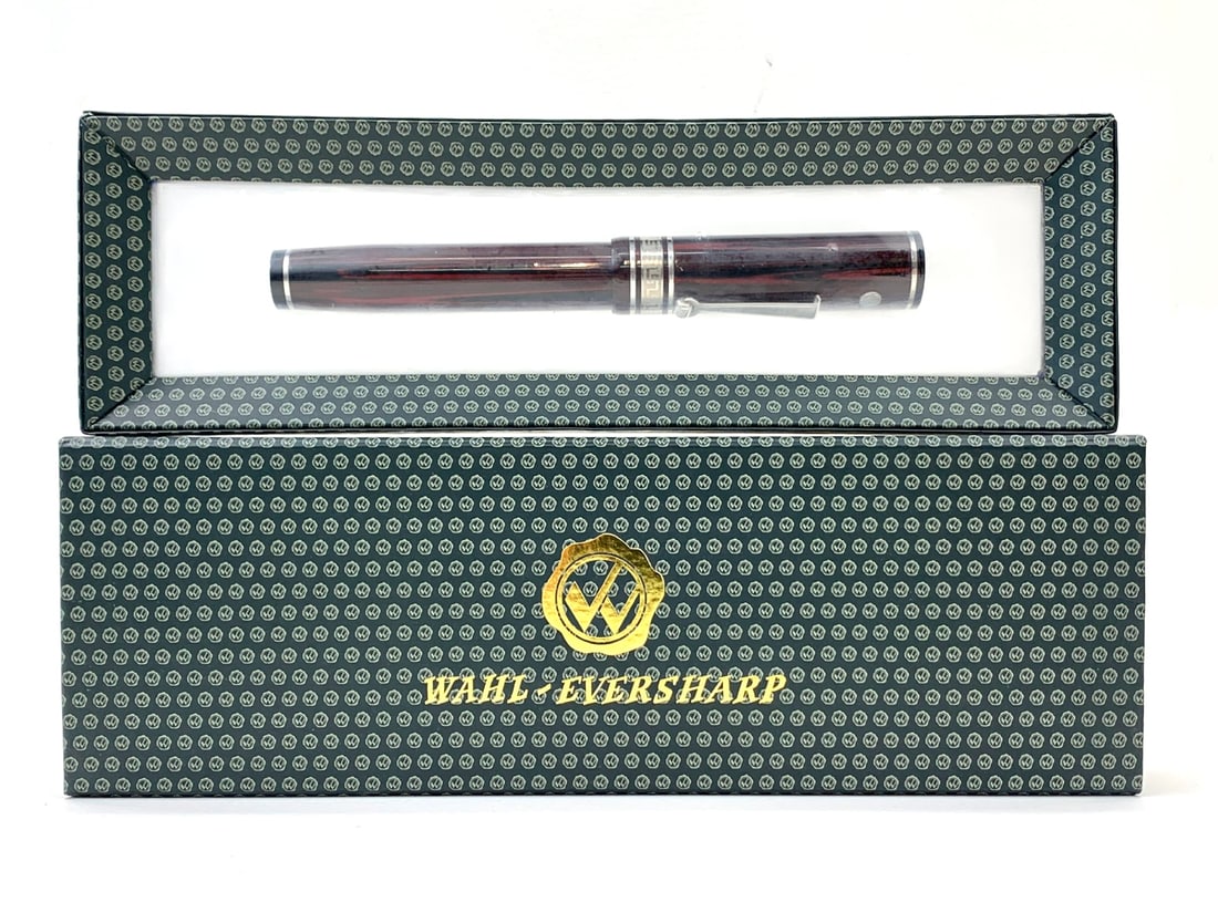 Wahl-Eversharp Oversized Double Check Deco Band Fountain Pen 18K Nib w/Box: Very good, single use condition with no defects. Fine gloss finish. Fat. Approximately 5 13/16 inches closed. Roller clip.