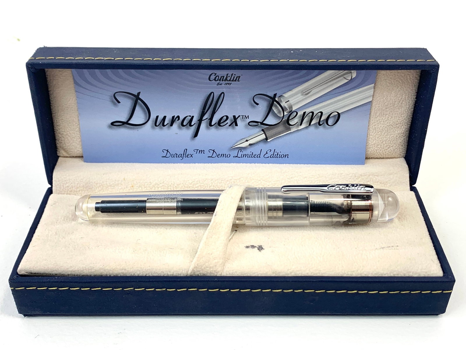 Conklin Duraflex Demo Special Edition Clear Body All American Fountain Pen w/Box: Good condition with no scratches, cracks or bites. Approx. L: 5 11/16".