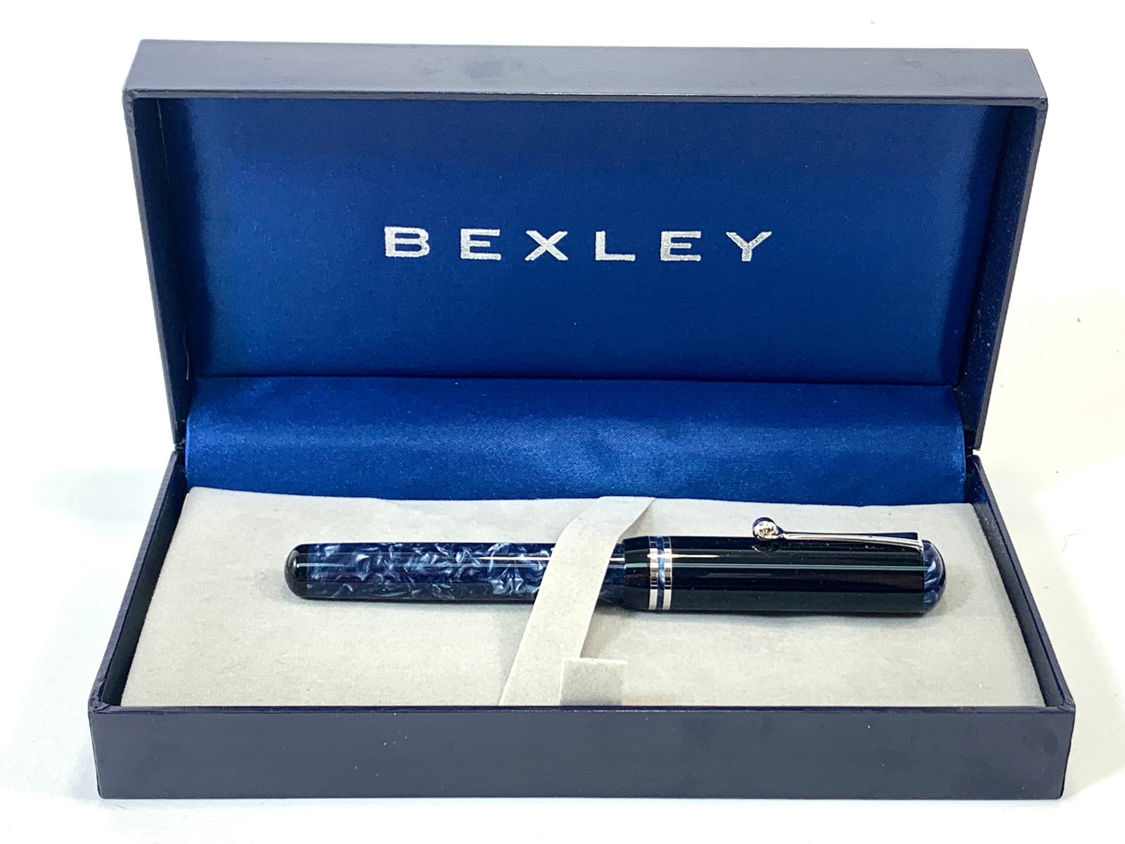 Bexley Black, Chrome and Blue Pearl Fountain Pen w/Box: Excellent, single-use condition. Roller ball clip. Approximately 5 3/16 inches.