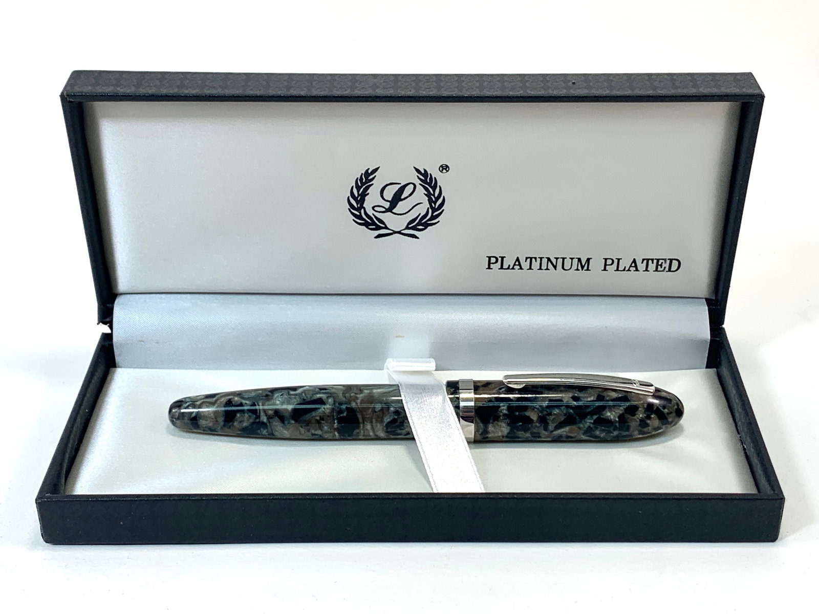 Laban Platinum Plated Modeled Black, Silver and Grey Ballpoint Pen w/Box: Excellent, single-use condition. No defects. Fat. Approximately 5 7/8 inches.