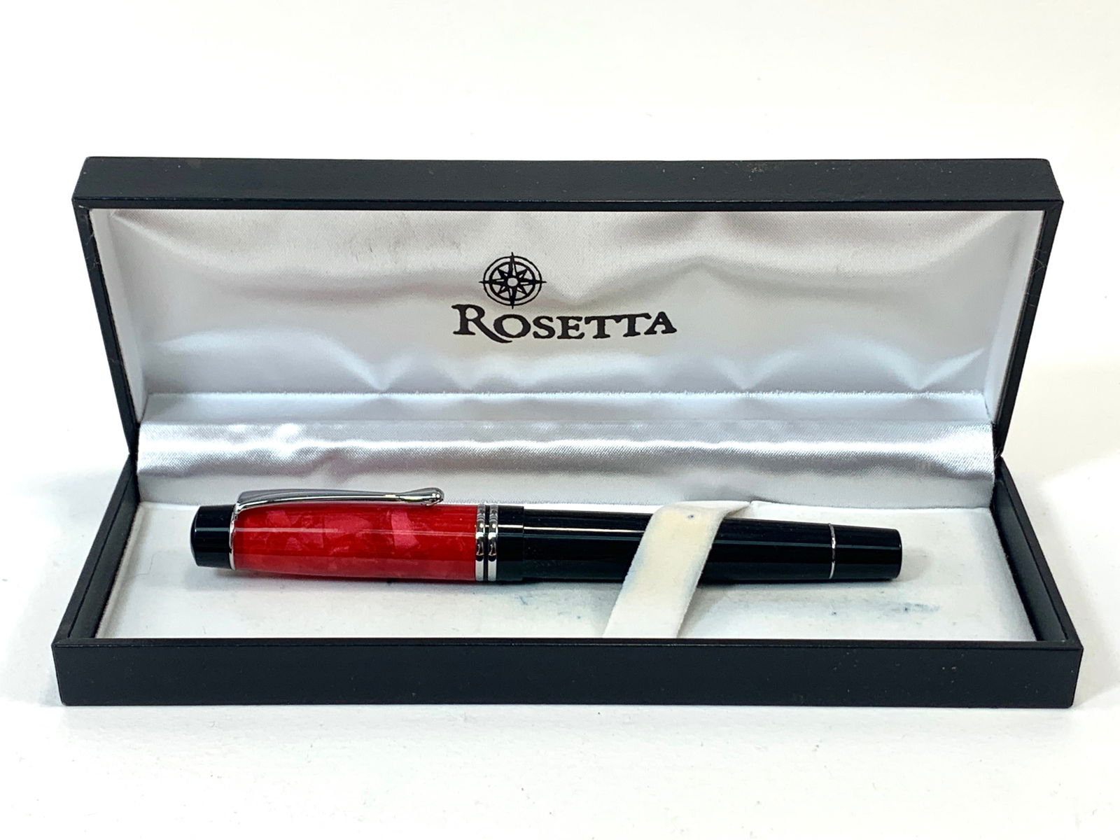 Lindauer German Black, Red and Chrome Fountain Pen w/Box: Excellent, single-use condition. The box is not original and used for shipping purposes only. Approximately 5 1/4 inches.