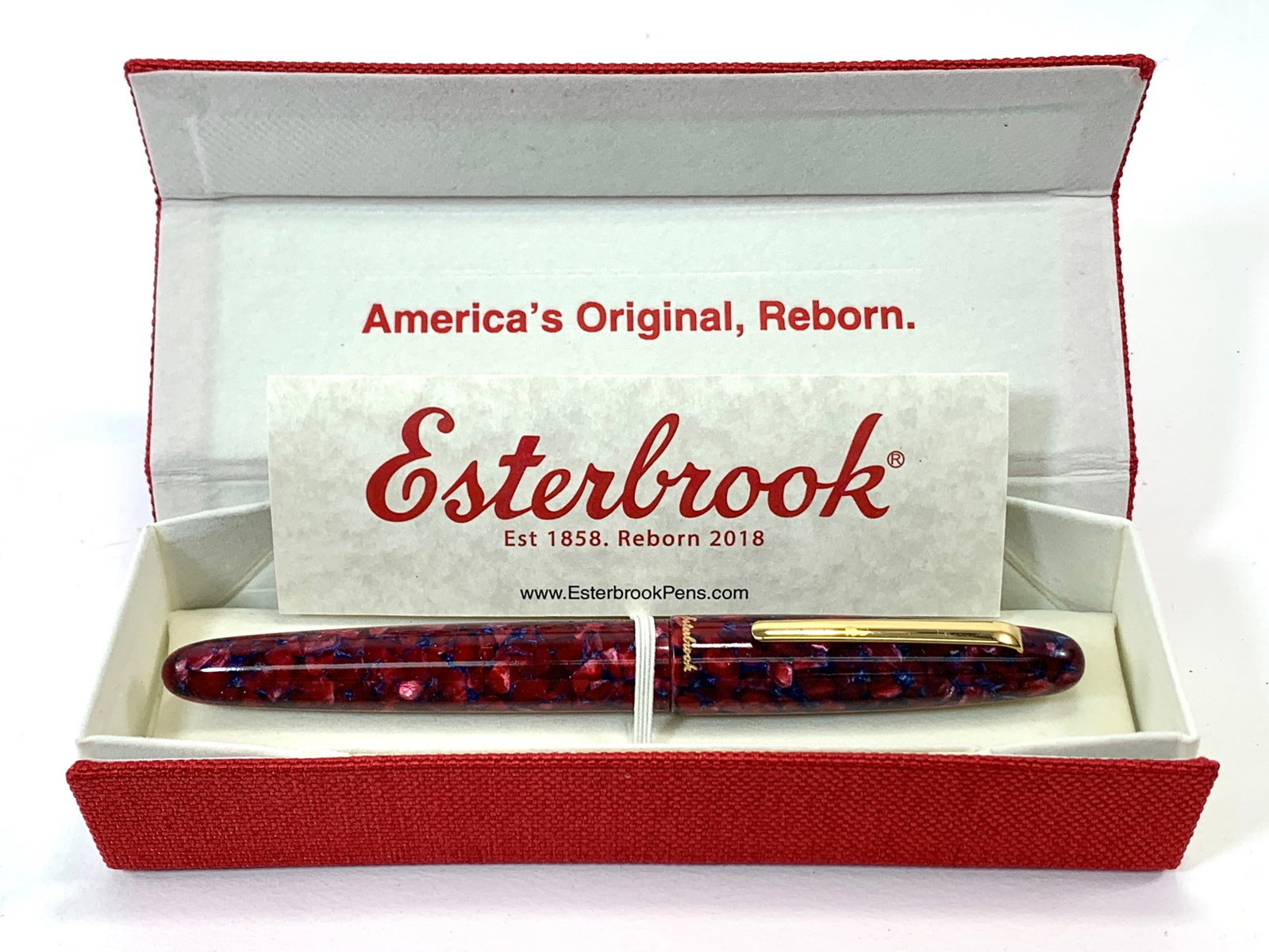 Esterbrook Red and Blue Mottled Pearl and Gold Oversized Fountain Pen w/Box: Excellent, single-use condition. A beautiful pen visually. Long and fat. Approximately 6 inches.