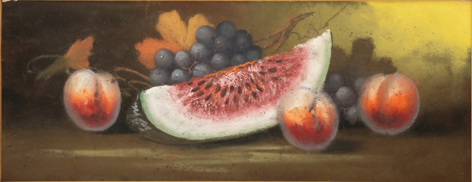 Antique Fruit Still Life Oil Pastel Painting on Paper Watermelon Peaches and Grapes: Original framed oil pastel drawing on paper, circa first half 20thC. Illegibly signed by artist lower right. The paper shows some light to moderate surface pastel losses. Sight size approx. 7 3/8" x 7