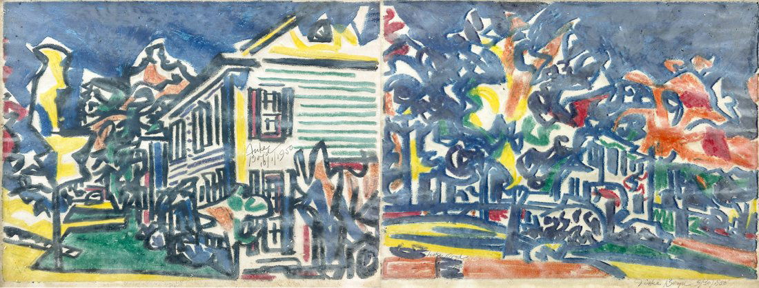 Fiske Boyd "Abstract Fauvist Town" 1950 Pencil Signed Original Drawing PAIR (1 of 7)