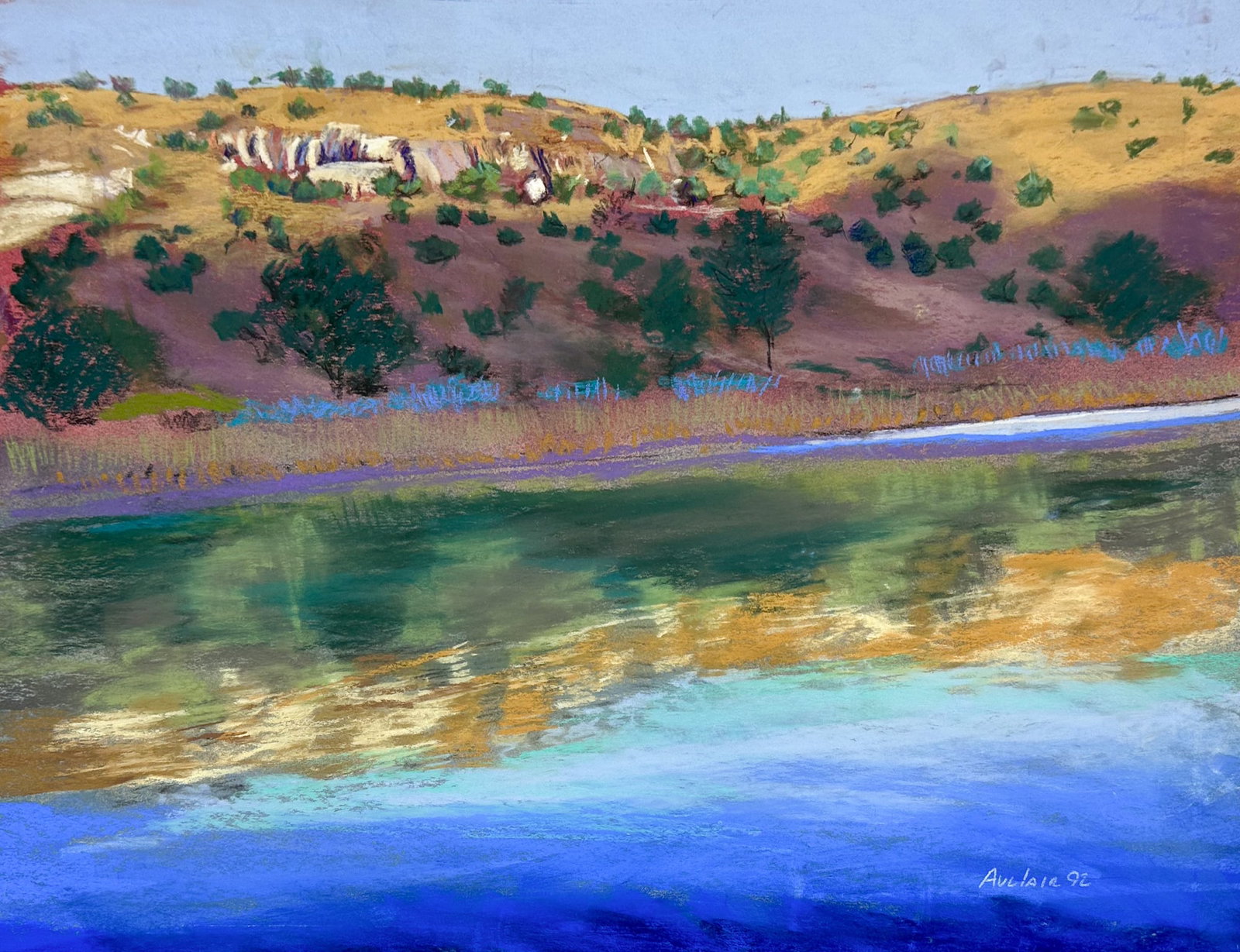 Auclair Artist Signed Western Landscape Oil Pastel Loose Painting: Oil pastel on paper depicting a western landscape, signed Auclair 92 lower right. Shipping: We do not provide in-house shipping or packing. Please reach out to one of our preferred shippers for a quot