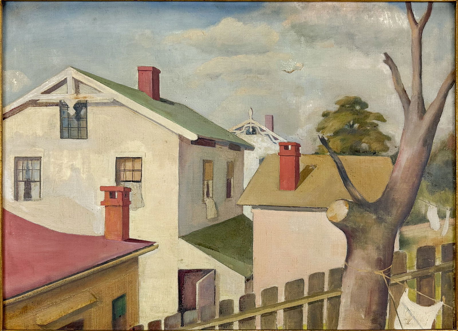 MCM Suburban Houses Oil on Canvas Framed Painting (1 of 5)