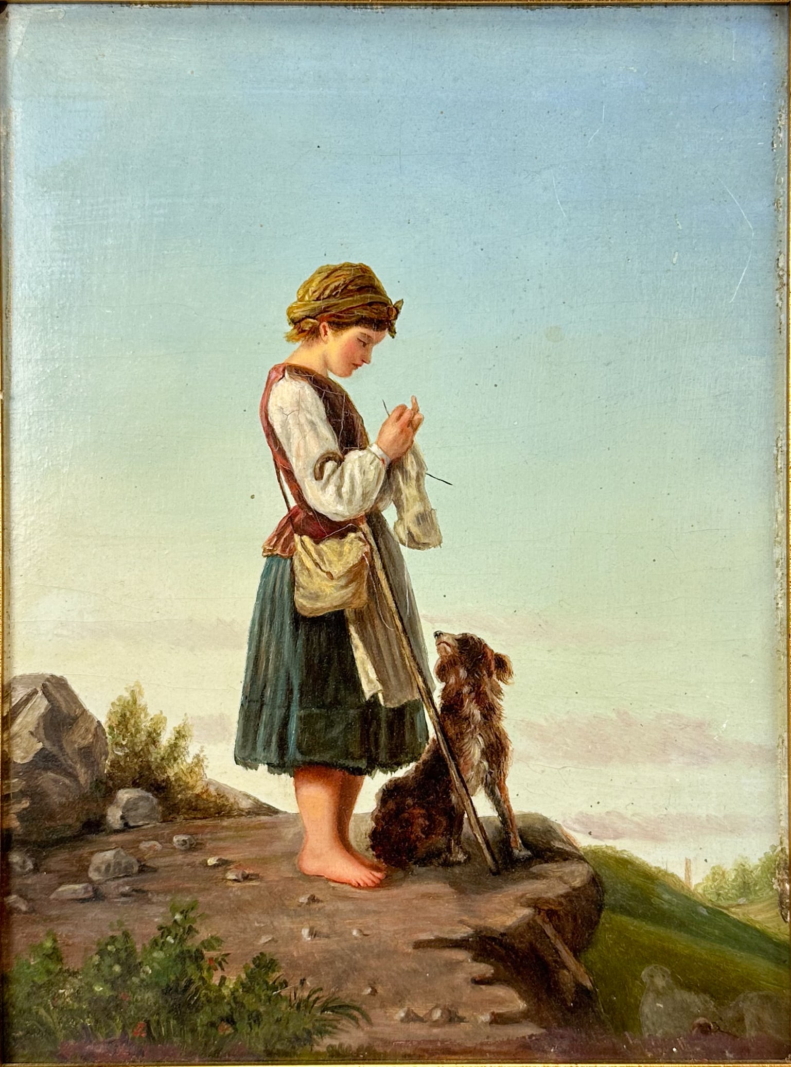 "A Girl with a Dog" Antique Austrian Oil on Board Framed Painting (1 of 6)