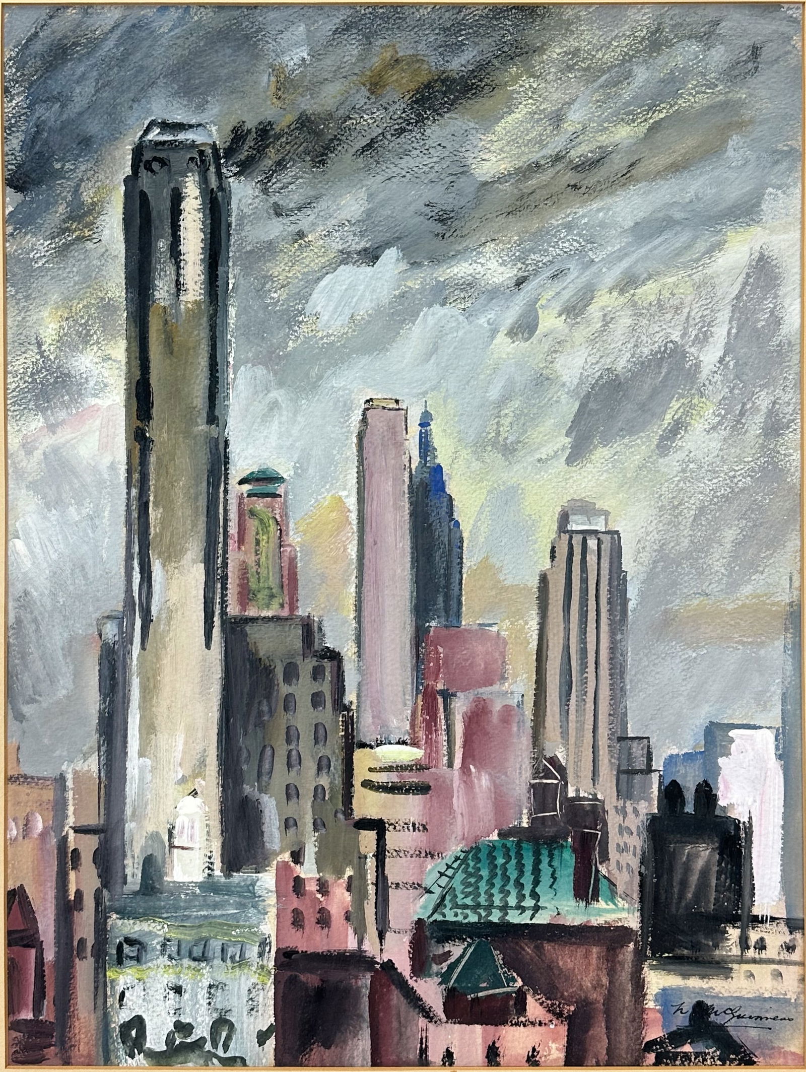 Norah Allison McGuinness "New York City Skyline" Original Framed Gouache Painting (1 of 5)