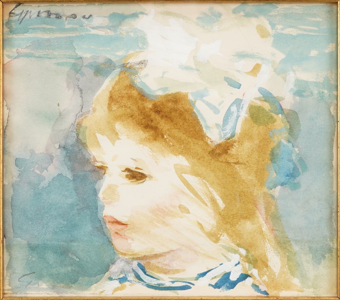 Andre Gisson "Head of Little Girl" Original Impressionist Framed Watercolor Painting (1 of 5)