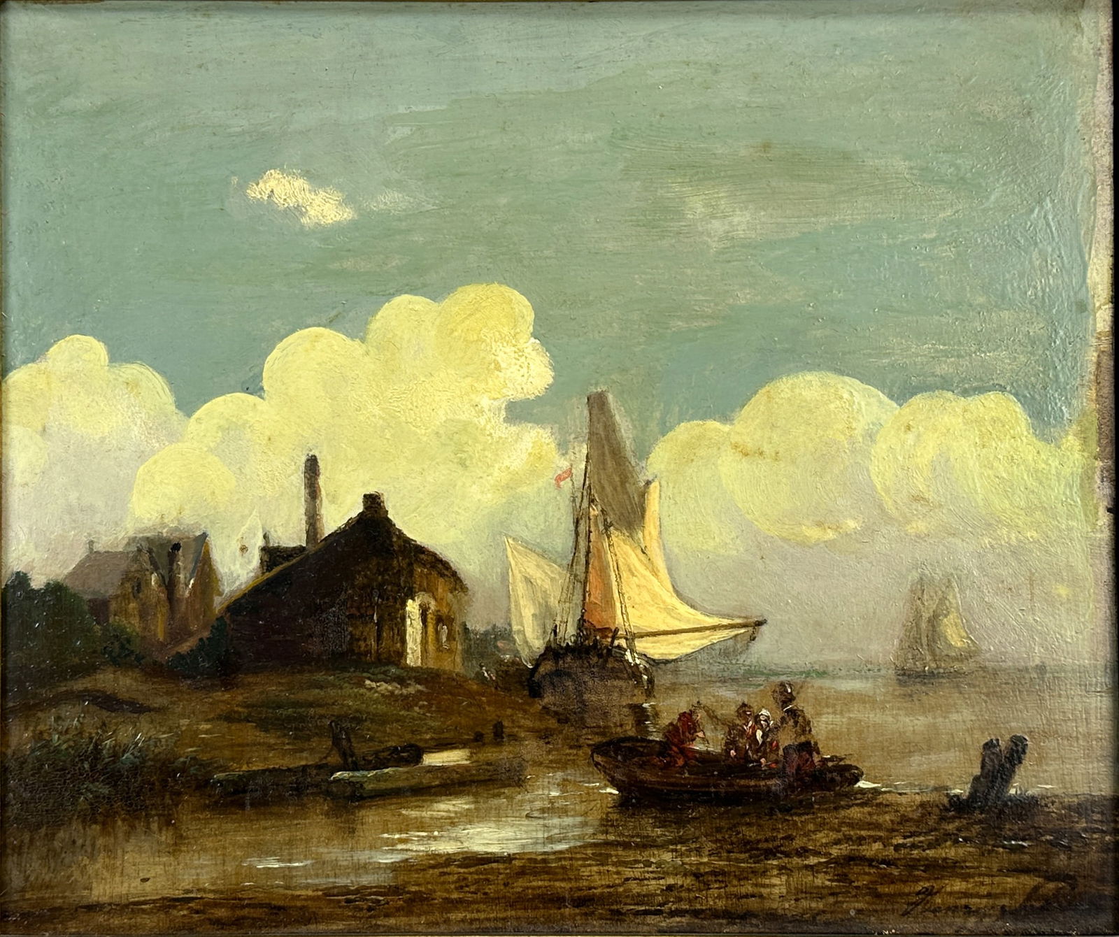 Artist Signed Antique Coastal Ship Scene Framed Oil on Board Painting (1 of 6)