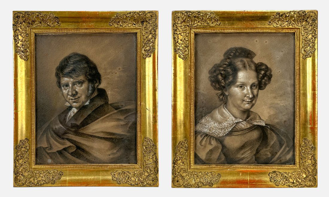 Antique 19thC German Pen and Ink Charcoal Framed Portrait Paintings of a Man and Woman (1 of 9)