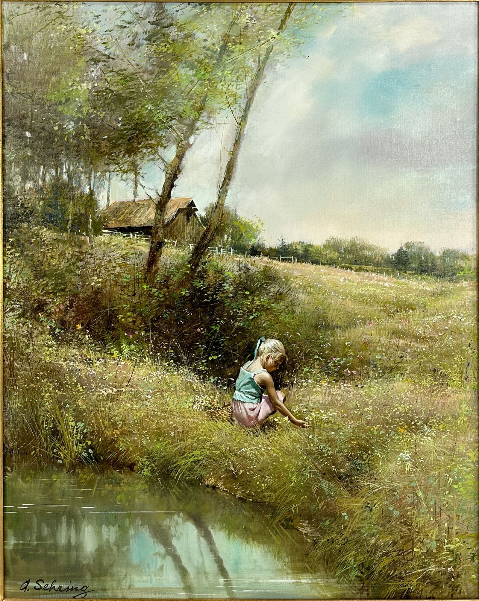Adolf Sehring "Little Girl in the Country" Framed Oil on Canvas Painting (1 of 7)