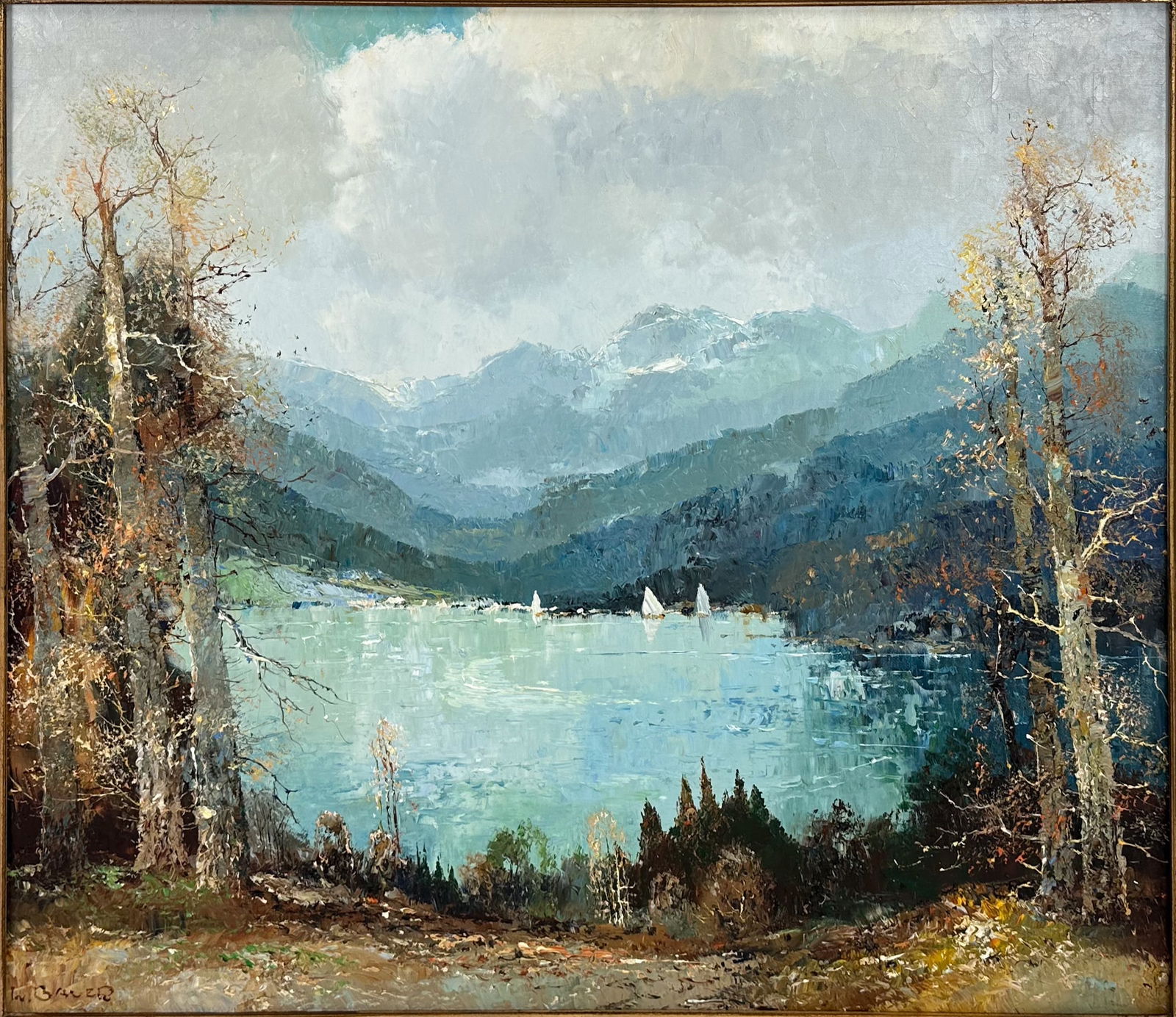 Willi Bauer "Alpine Landscape with Sailboats on Lake, Autumn" Framed Oil on Canvas Painting (1 of 6)