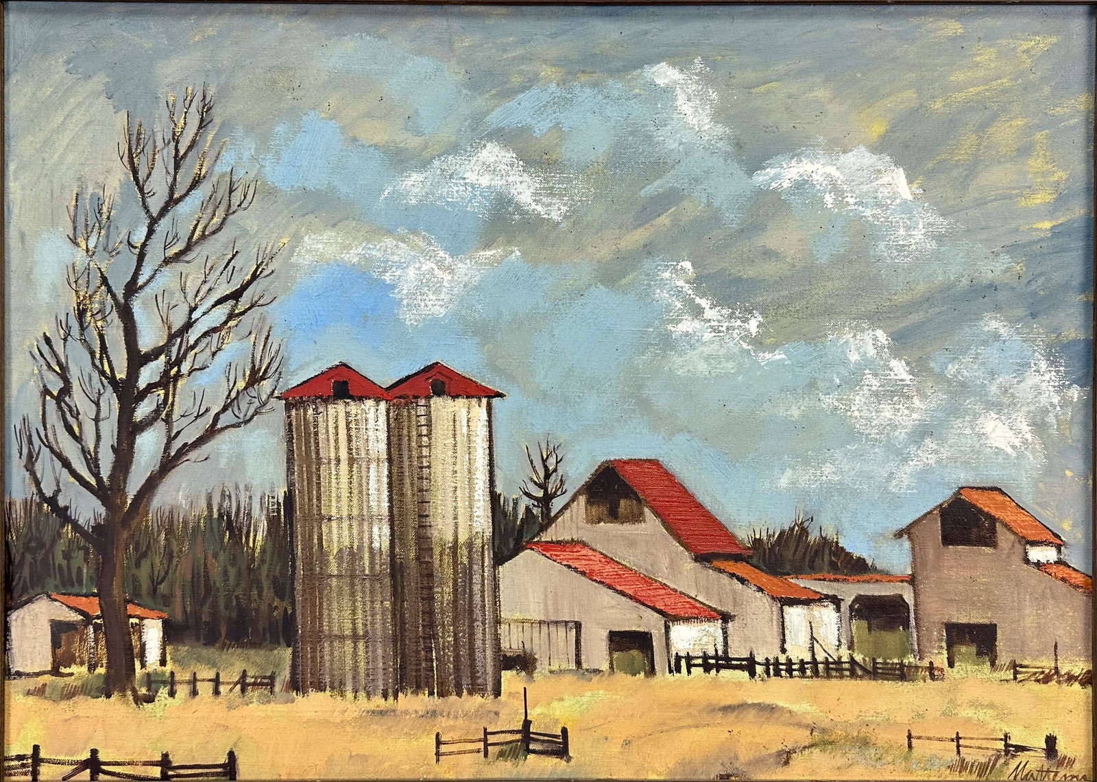 Slightly Modernist Artist Signed Framed Acrylic on Canvas Painting "Country Farm with Silos": Approx. canvas size 18" x 25". Shipping: We do not provide in-house shipping or packing. Please reach out to one of our preferred shippers for a quote: Donald Camden UPS Store #4608 store4608@theupsst