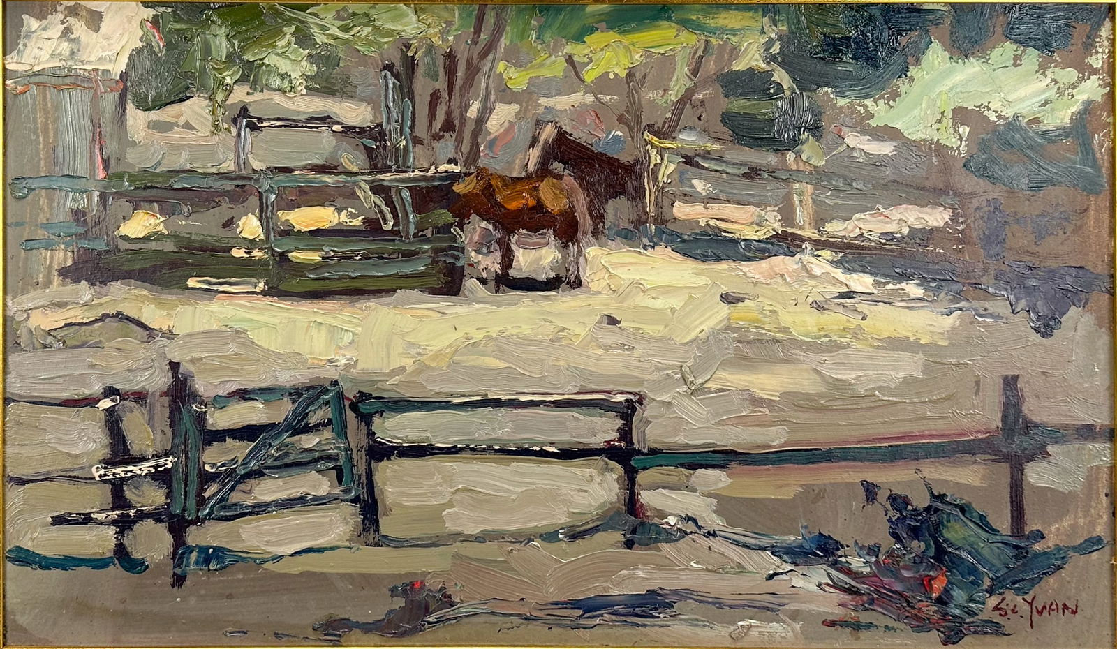 Si Chen Yuan "Horses in Paddock" Impasto Oil on Artists Board Framed Painting (1 of 5)