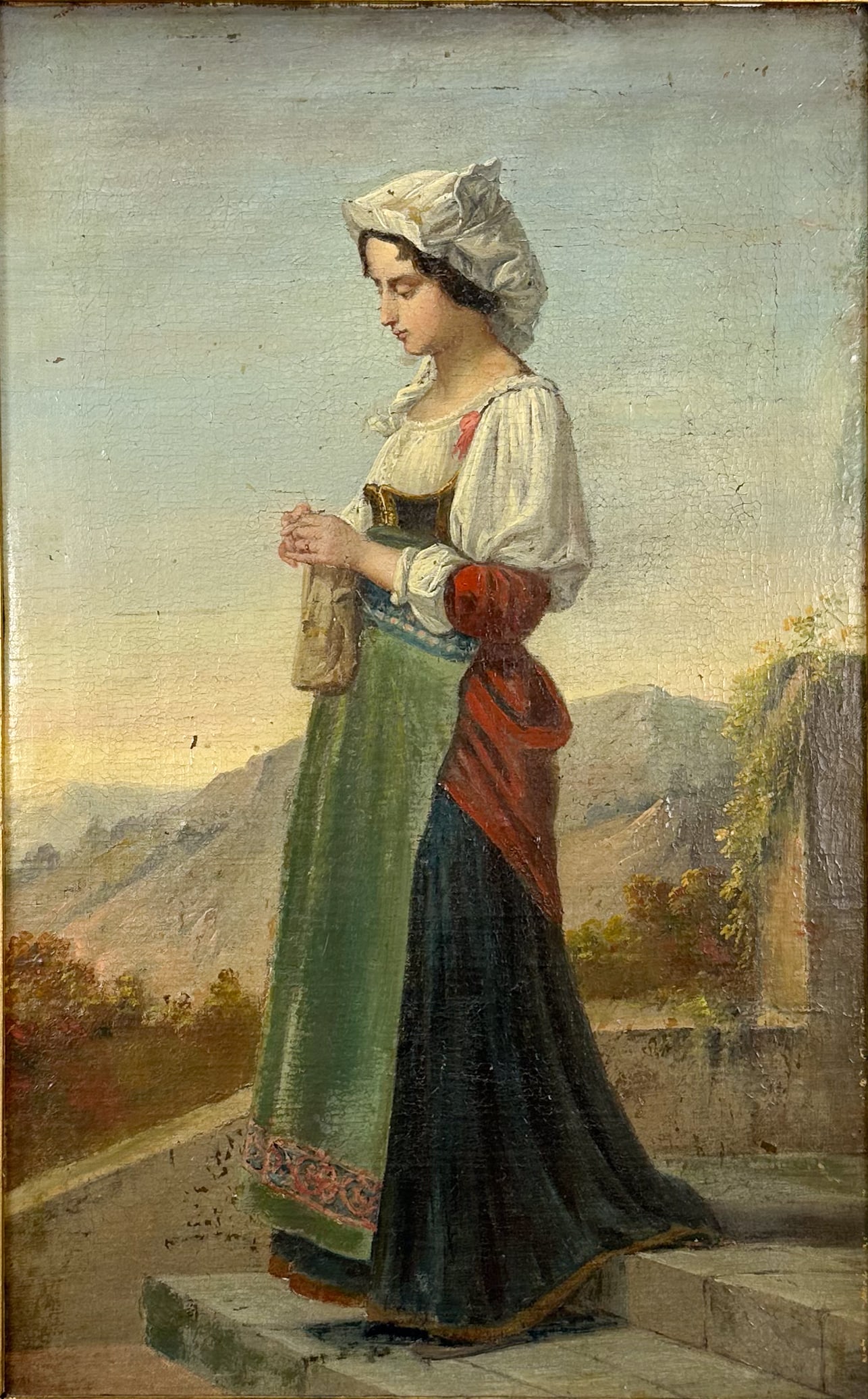 Antique 19thC Framed Oil on Canvas Painting Young Married Italian Woman (1 of 7)