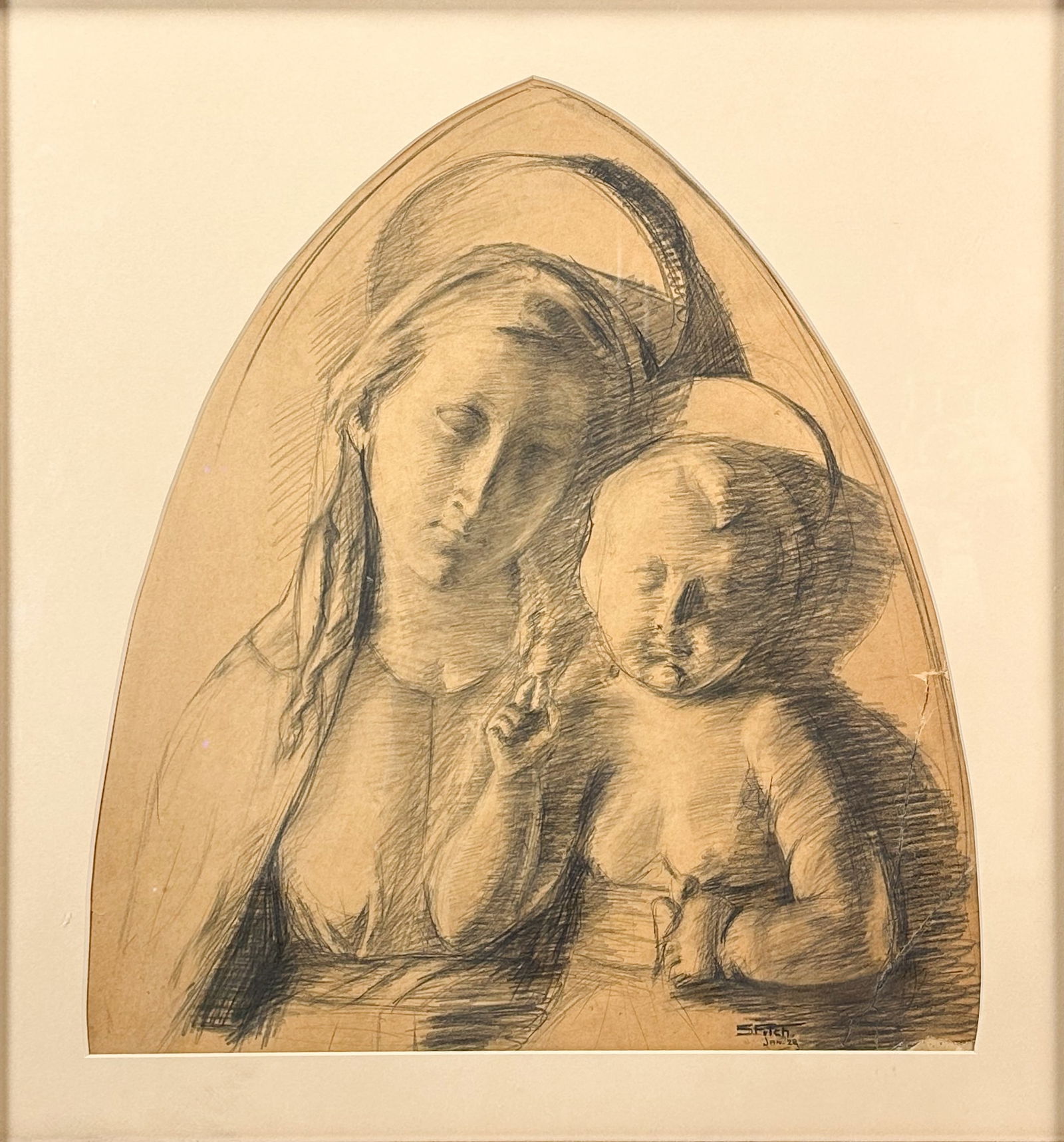 Artist Signed 1928 Charcoal Study of the Madonna and Christ Child Framed Drawing (1 of 5)