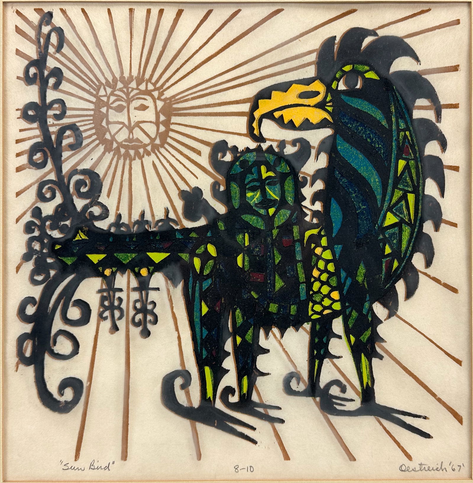 Nelson Oestreich "Sun Bird" 1967 Pencil Signed Framed Woodblock Print (1 of 5)