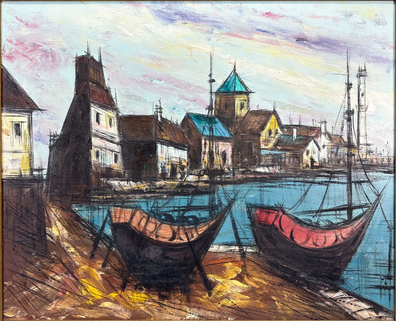 Mediterranean Harbor Original MCM Framed Impressionist Oil on Canvas Painting (1 of 4)