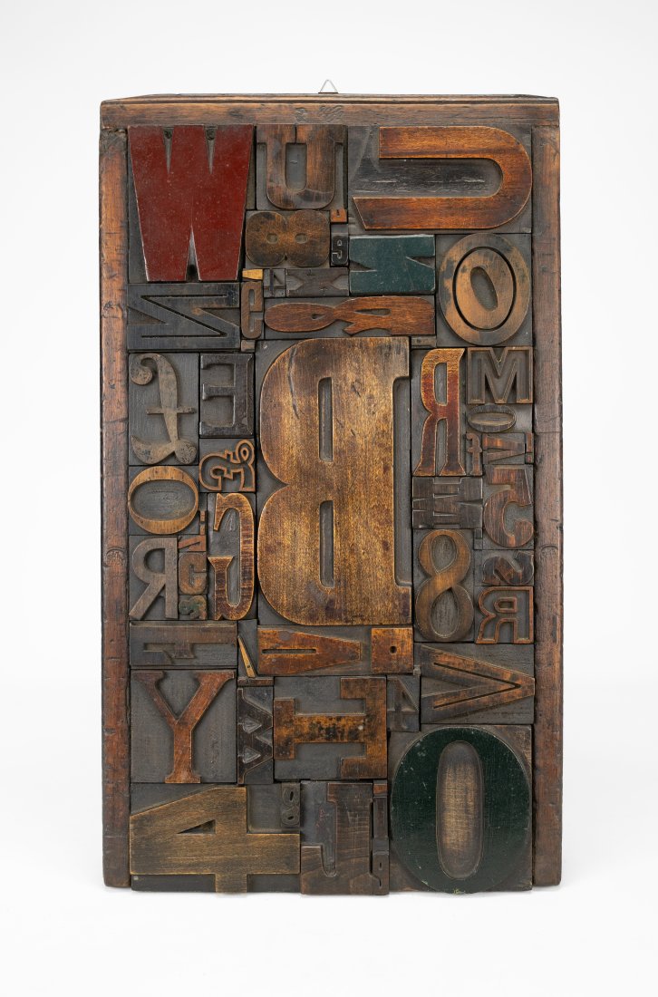 Artist Signed Antique Wood and Brass Letter Press Hanging Wall Sculpture (1 of 6)