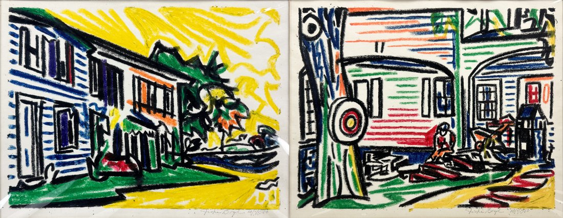 Two Fiske Boyd "Fauvist Town" 1950 Oil Pastel on Paper Framed Drawings (1 of 8)