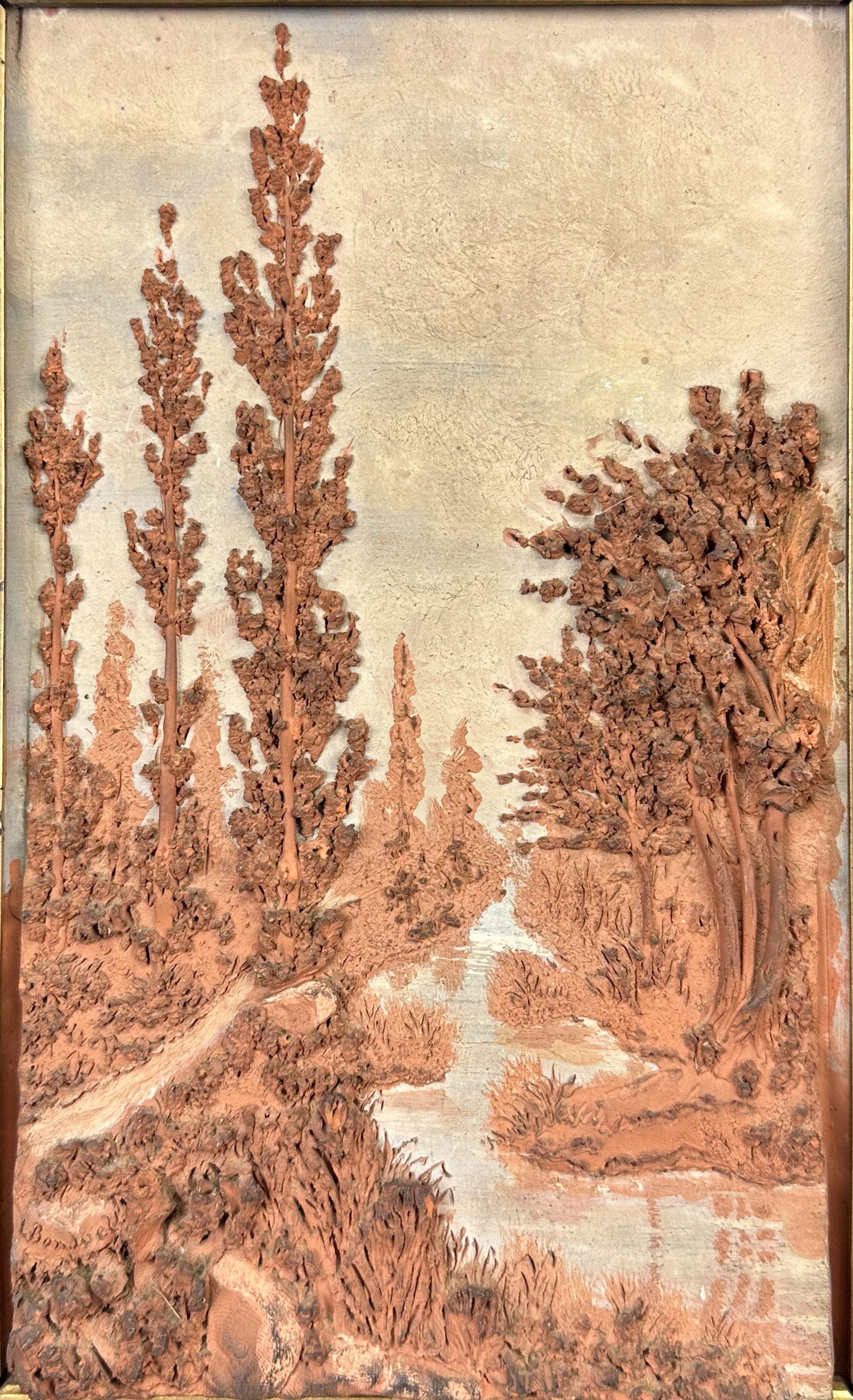 Artist Signed 3D Carved Terra-Cotta Pottery Forest Stream Landscape Framed Wall Sculpture (1 of 7)