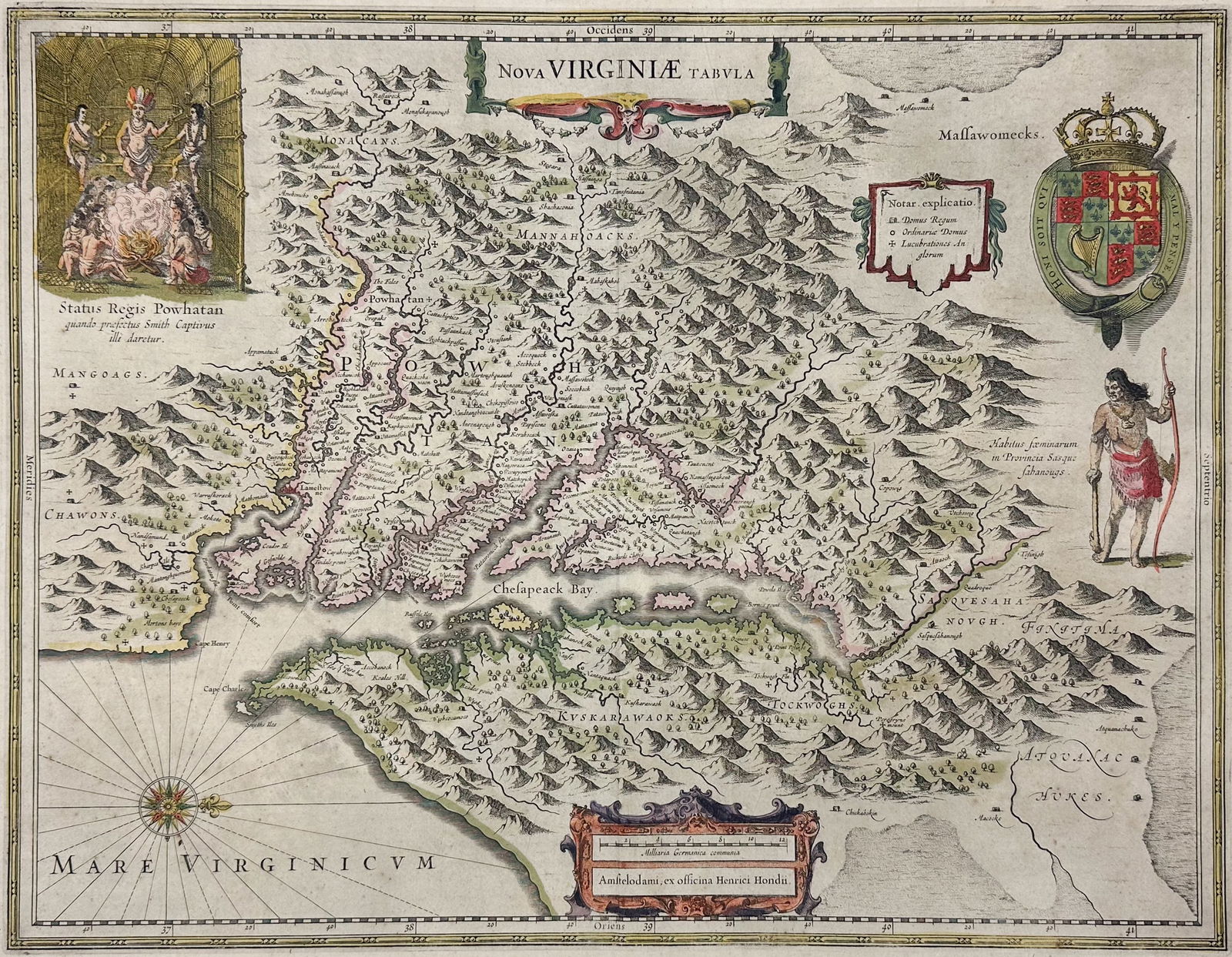 Henricus Hondius 1630 "Nova Virginiae Tabula" Hand Colored Map of Virginia and Chesapeake #1 (1 of 9)