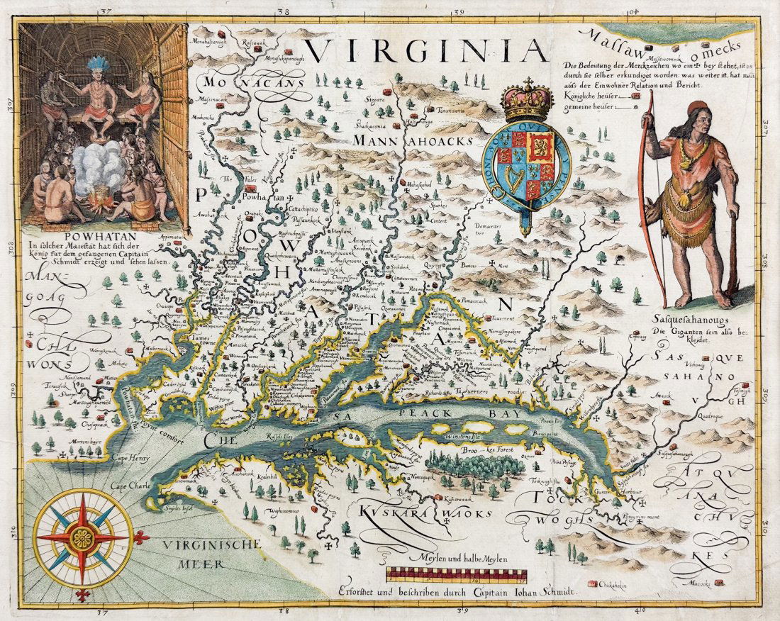 Matthaus Merian 1627 Antique Hand Colored Map "Virginia" from Theodore de Bry's "Grand Voyages" #2 (1 of 11)