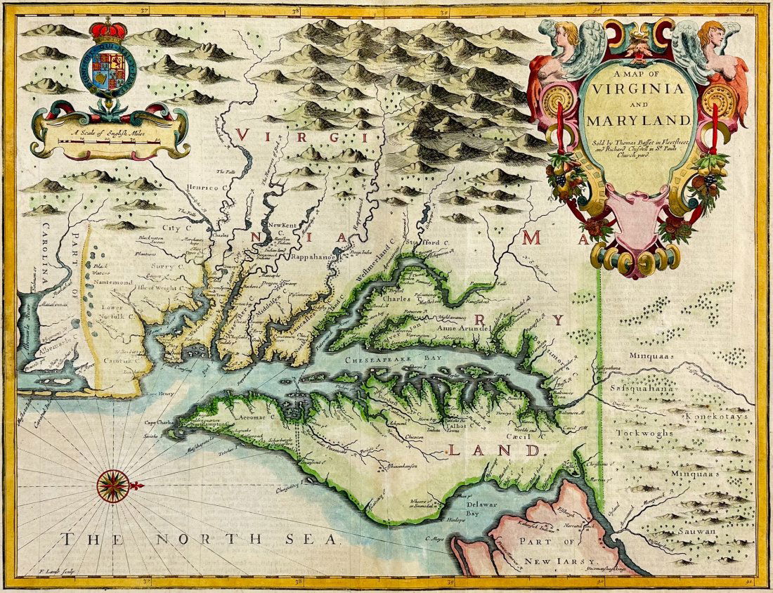 John Speed 1676 Antique Hand Colored "Map of Virginia and Maryland" #2 (1 of 16)