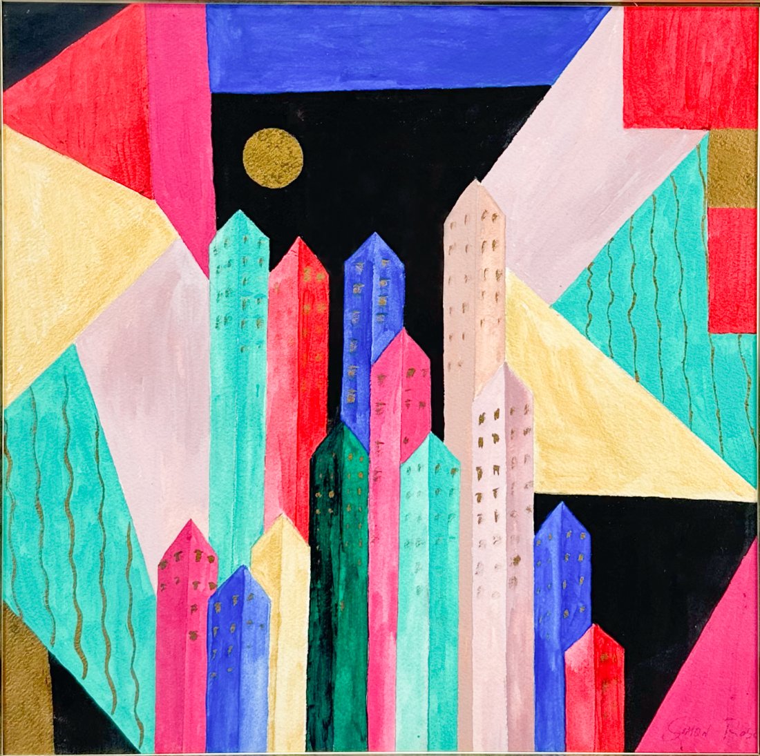 Simon Rosa Geometric Abstract City Skyline Original Mixed Media on Paper Framed Painting (1 of 5)