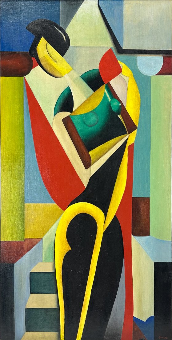 Artist Signed "Woman with Fan" 1985 Cubist Oil on Canvas Painting After Alexander Achipenko: Cubist oil painting on canvas titled "Woman with Fan" signed by artist. This painting appears to be a student copy of an Alexander Archipenko mixed media sculpture of the same name. Apparently signed