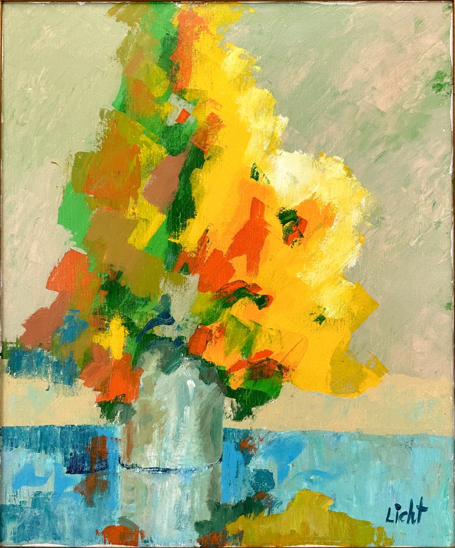 Licht Vase of Flowers Still Life Oil on Canvas Painting: Still life impressionist vase of flowers oil painting on canvas. Signed "Licht" lower right. Approx. canvas size 24 1/2" x 20".