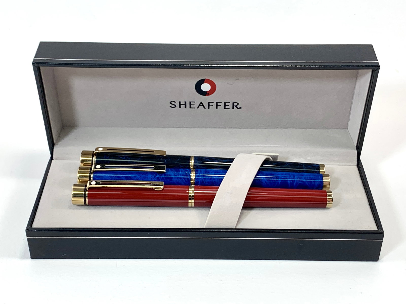THREE Sheaffer White Dot Colored Enamel and Gold Fountain Pens with 14K Hooded Nibs w/Box: Excellent single use condition, with no defects. Each Approx. 5 3/8". Glossy finishes throughout. Box is in excellent condition. Shipping: We do not provide in-house shipping or packing. Please reach 
