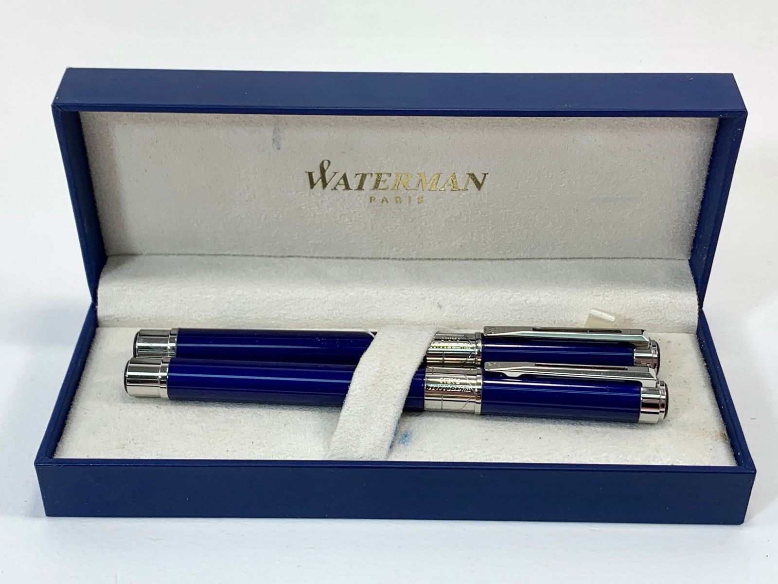 Waterman France Blue Enamel and Chrome Fountain and Ballpoint Pen Set w/Box (1 of 9)