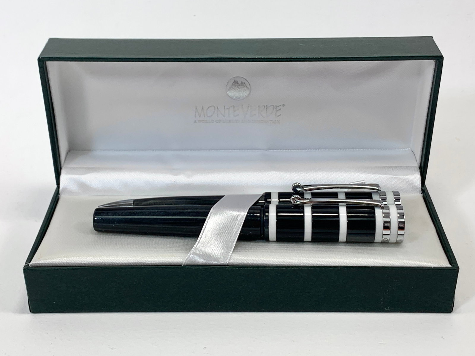 Monteverde USA Catalina Charcoal Grey Shimmer w/White and Chrome Fountain and Ballpoint Pen Set w/Bo: Excellent single use condition, with no defects. Approx. 5 1/4". Glossy finish throughout. Box may show moderate shelf wear, and may include ink stains. Please enlarge pictures to clearly understand b
