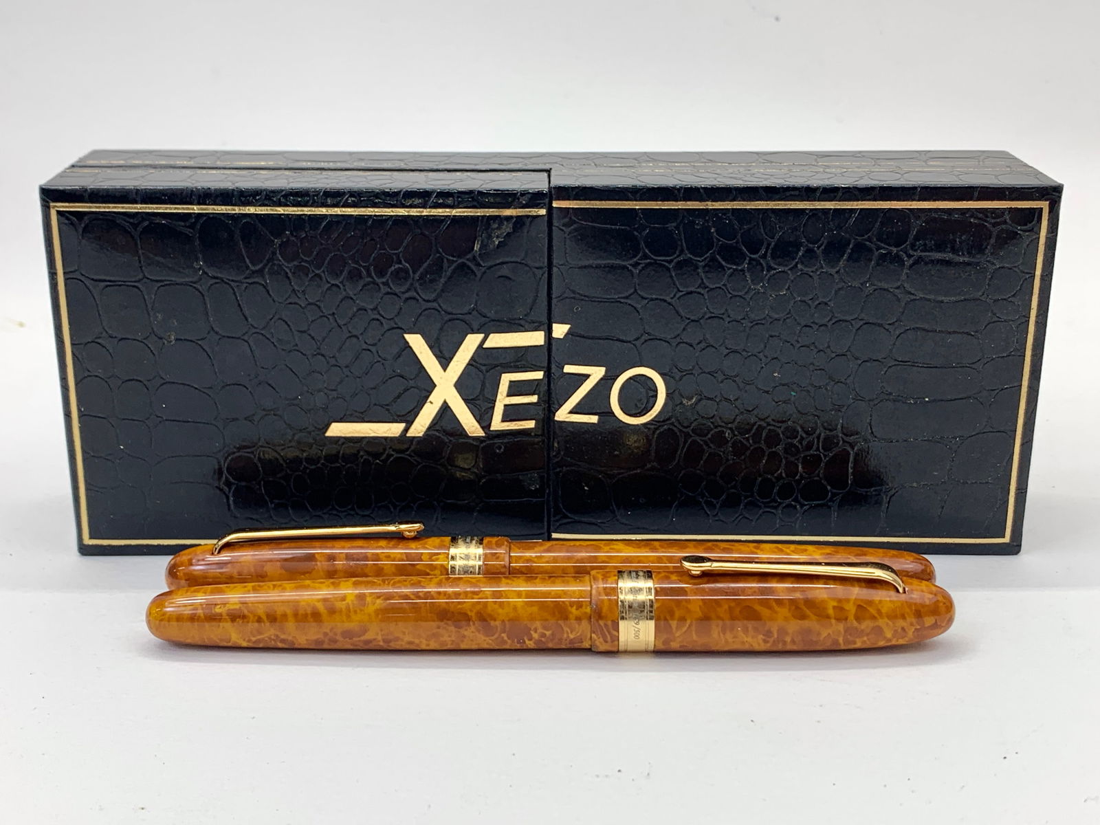 Xezo Germany Phantom Orange Burl 18K Gold Plate Ltd Ed Fountain and Ballpoint Pen Set w/Box (1 of 11)