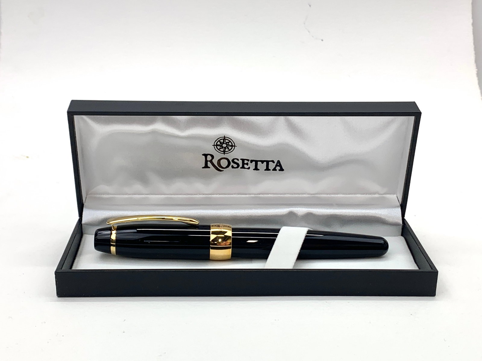 Rosetta Germany Fat Oversized Black and Gold Ballpoint Pen w/Box: Excellent single use condition, with no defects. Approx. 6". Glossy finish throughout. Box may show moderate shelf wear, and may include ink stains. Please enlarge pictures to clearly understand box c