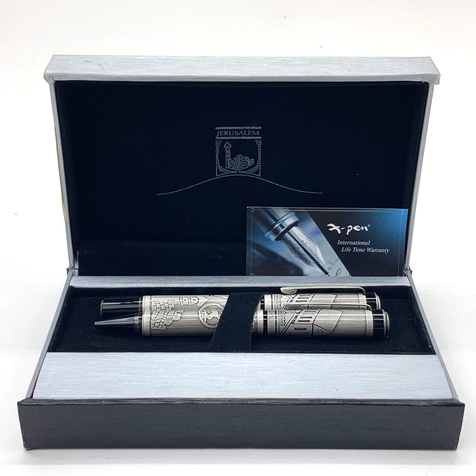 X-Pen USA Jerusalem Embossed Pewter Fountain and Ballpoint Set w/Box (1 of 8)