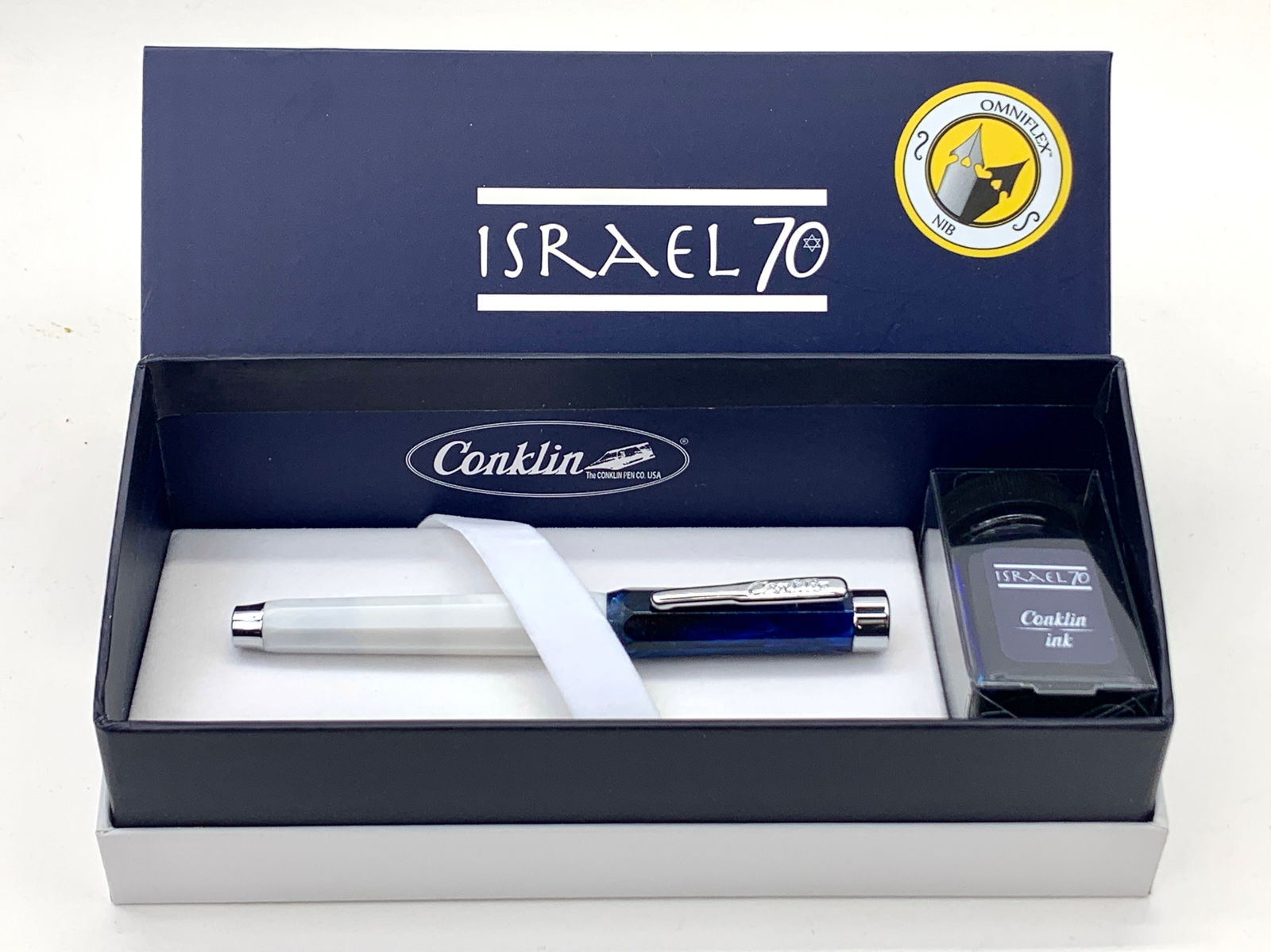 Conklin Israel 70 Pearlized Blue and White w/Chrome Ltd Ed Fountain Pen w/Box (1 of 8)