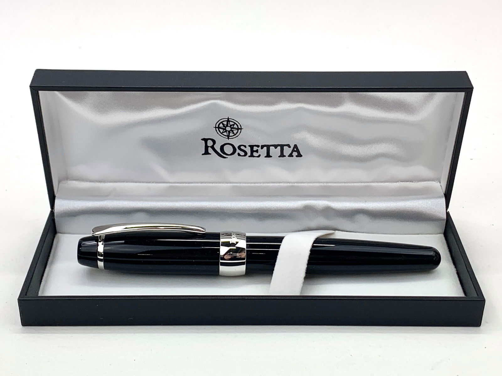 Rosetta Germany Fat Oversized Black and Chrome Fountain Pen w/Box #2: Excellent single use condition, with no defects. Approx. 6". Glossy finish throughout. Box may show moderate shelf wear, and may include ink stains. Please enlarge pictures to clearly understand box c