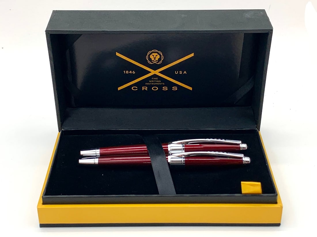 Cross USA Burgundy Enamel and Chrome Fountain and Ballpoint Pen Set w/Box (1 of 7)