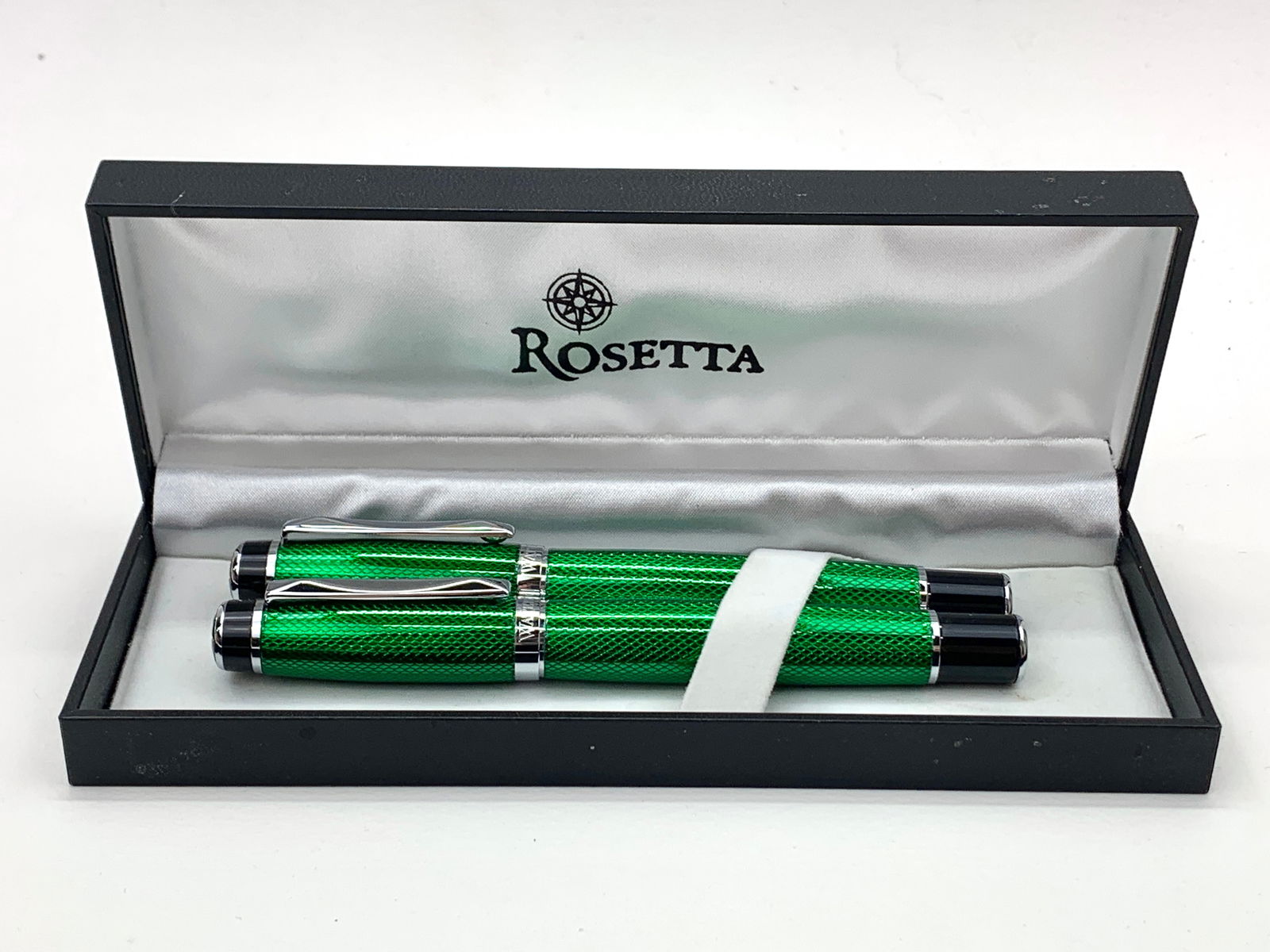 Waterford Green Guilloche Enamel, Black and Chrome Fountain and Ballpoint Pen w/Box: Excellent single use condition, with no defects. Approx. 5 5/16". Fine original finish throughout. Box may show moderate shelf wear, and may include ink stains. Please enlarge pictures to clearly unde
