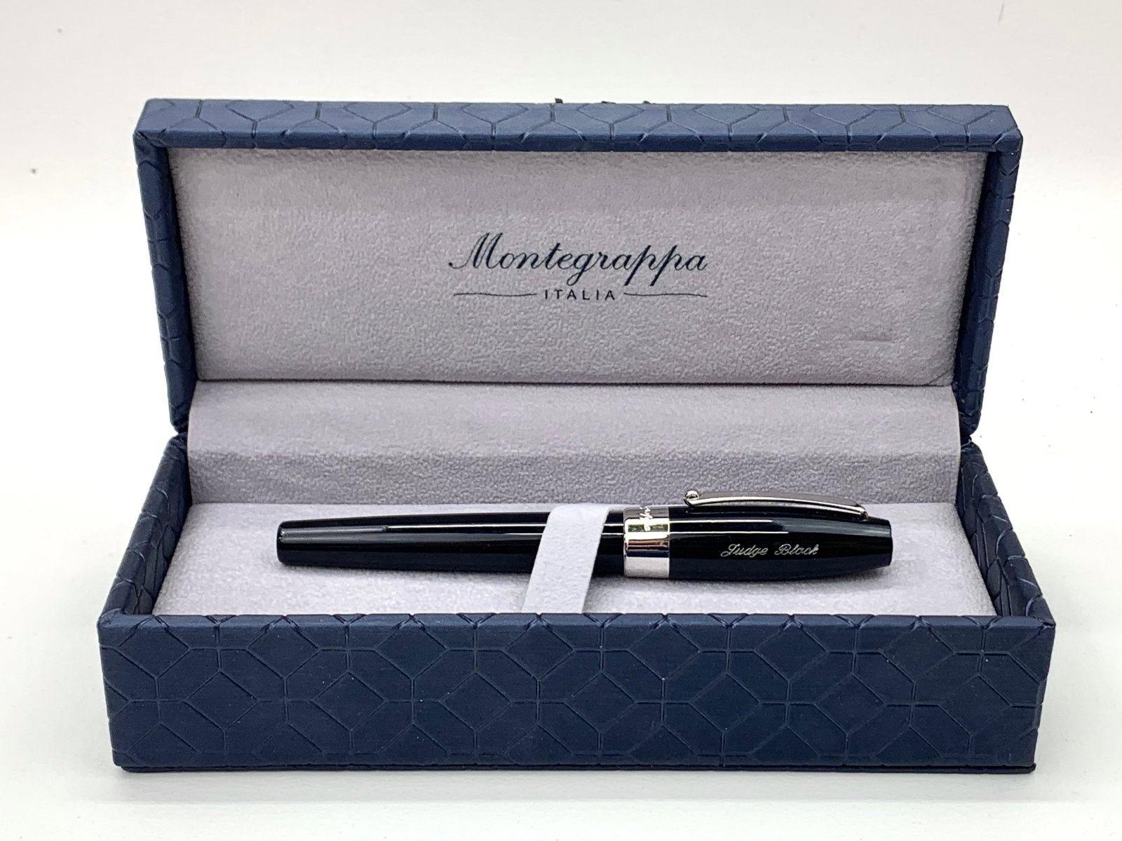 Montegrappa Italy 1912 Black and Chrome Fountain Pen w/Box #4: Excellent light use condition, with engraved name on cap. Approx. 5 3/8". Fine original finish throughout. Box may show moderate shelf wear, and may include ink stains. Please enlarge pictures to clea